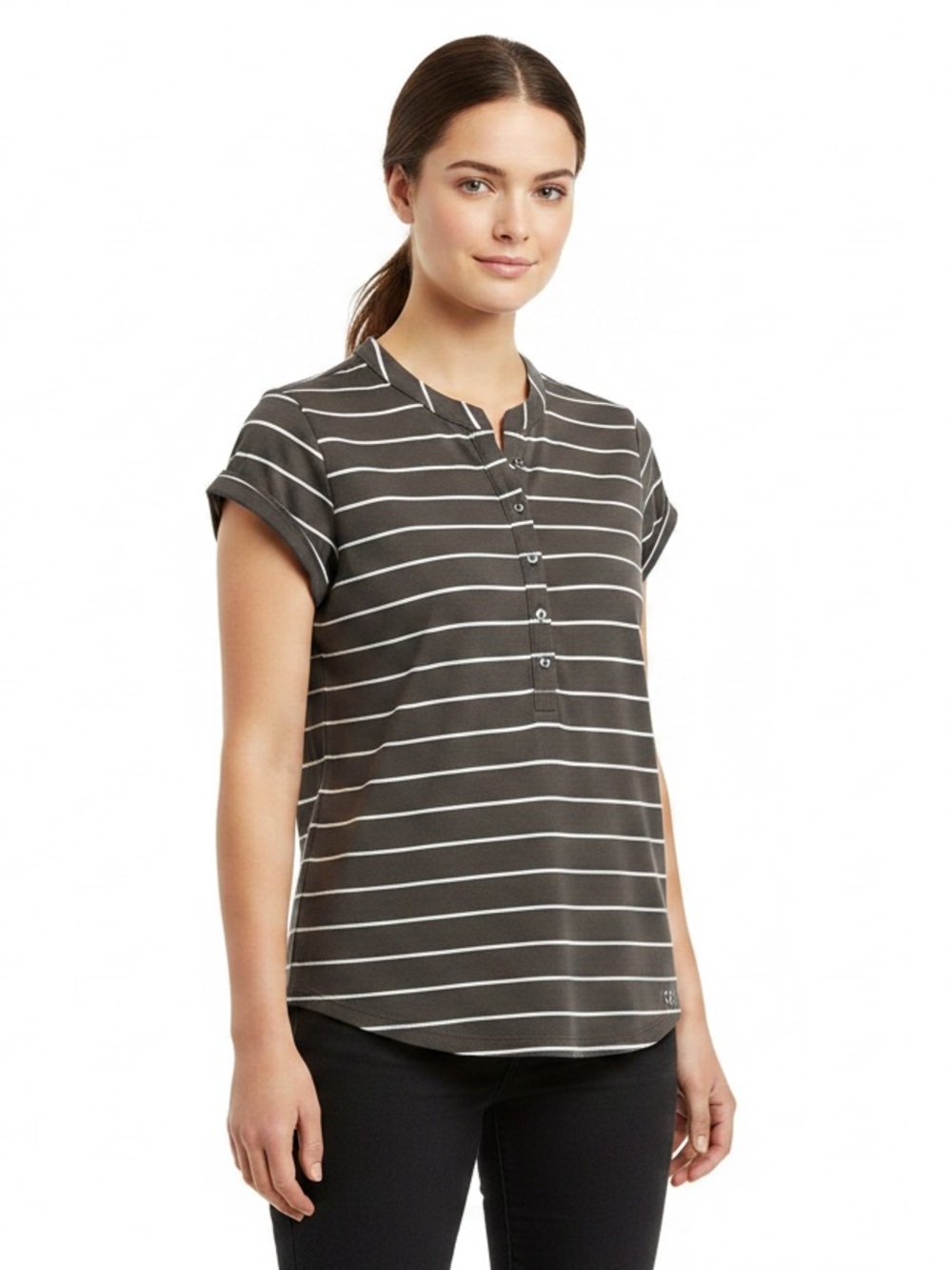 Calvin Klein Brown and White Striped Short Sleeve Henley